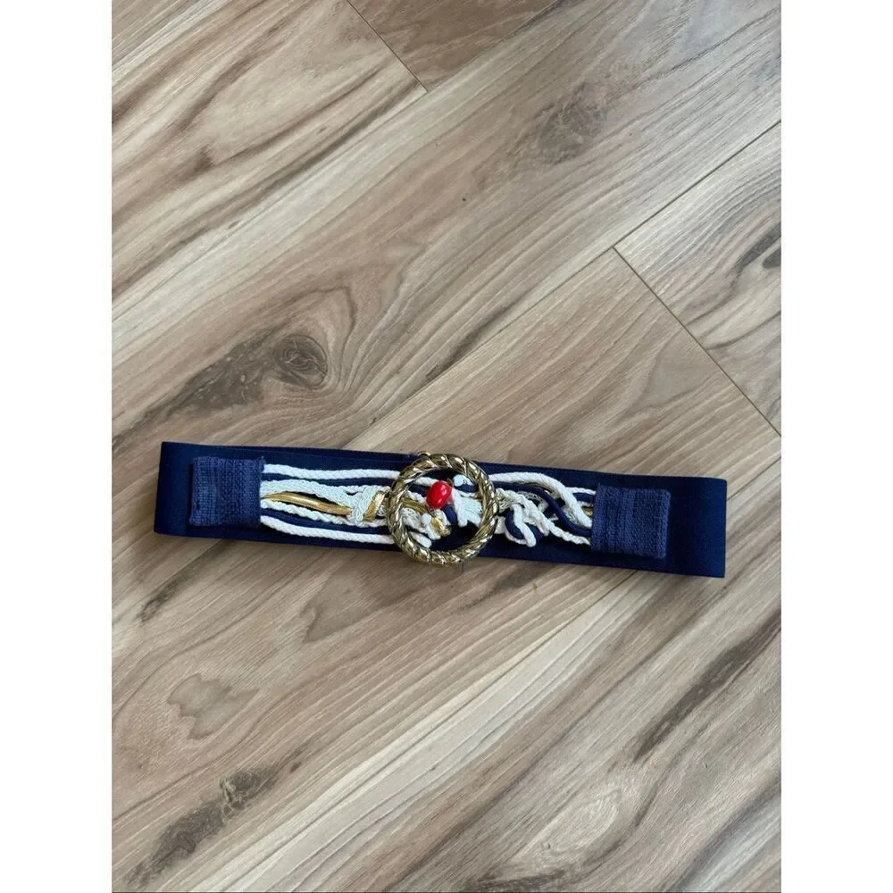 Vintage 80’s Womens Nautical Blue White Braided Gold Tone Buckle Stretch Belt